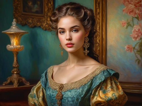 emile vernon,romantic portrait,victorian lady,jane austen,art painting,portrait of a girl,oil painting,world digital painting,photo painting,vintage female portrait,fantasy portrait,oil painting on canvas,italian painter,meticulous painting,girl in a historic way,portrait of a woman,young woman,young lady,a charming woman,venetia,Illustration,American Style,American Style 07