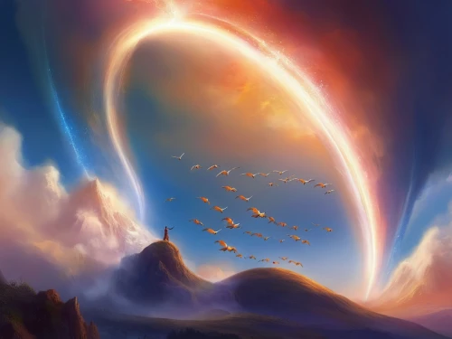 sunburst background,hot-air-balloon-valley-sky,fantasy landscape,fantasy picture,flying seeds,world digital painting,sunrise in the skies,alpino-oriented milk helmling,solomon's plume,sun wing,paraglider sunset,celestial event,space art,art background,stargate,fire planet,flying birds,star winds,bird in the sky,heavenly ladder,Illustration,Realistic Fantasy,Realistic Fantasy 01