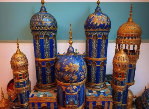 islamic lamps,morocco lanterns,majorelle blue,samarkand,russian folk style,handicrafts,russian dolls,minarets,mosques,moroccan pattern,decorative art,folk art,saint basil's cathedral,shashed glass,persian norooz,moorish,riad,bukhara,basil's cathedral,motifs of blue stars,Illustration,Paper based,Paper Based 04