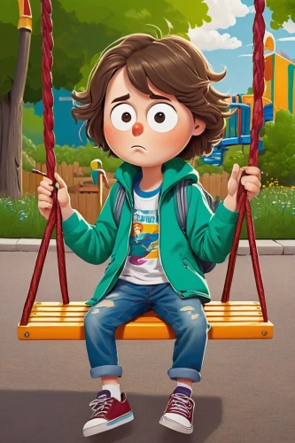 child in park,kids illustration,child is sitting,empty swing,girl sitting,cute cartoon image,cute cartoon character,seesaw,park bench,sitting on a chair,man on a bench,agnes,dipper,animated cartoon,sit,children's background,unhappy child,bench,wooden swing,game illustration,Art,Classical Oil Painting,Classical Oil Painting 07