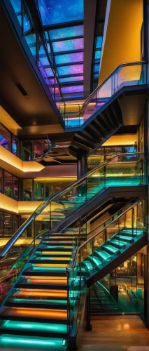 futuristic art museum,staircase,oasis of seas,stairs,colored lights,futuristic architecture,colorful glass,colorful light,winners stairs,penthouse apartment,stairwell,spiral staircase,hotel w barcelona,stairway,outside staircase,winding staircase,steel stairs,luxury hotel,cruise ship,spiral stairs,Illustration,Retro,Retro 19