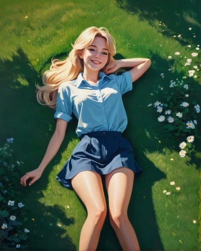 girl lying on the grass,girl in the garden,girl in flowers,on the grass,daisies,girl picking flowers,digital painting,magnolia,falling flowers,grass blossom,scattered flowers,springtime background,relaxed young girl,blond girl,girl in t-shirt,world digital painting,blonde girl,summer day,lying down,cheery-blossom,Conceptual Art,Fantasy,Fantasy 19