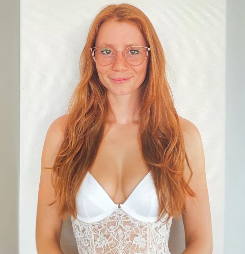 with glasses,girl on a white background,ginger rodgers,girl in white dress,glasses,white dress,white beauty,silver framed glasses,swedish german,redhair,redhead,white sling,redheaded,white frame,two glasses,female model,white,white clothing,pure white,wedding glasses