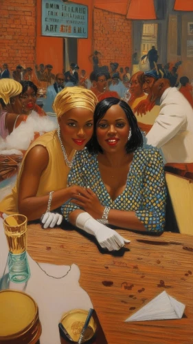 women at cafe,beautiful african american women,afro american girls,woman at cafe,ice cream parlor,soda shop,soup kitchen,the coffee shop,yolanda's-magnolia,black women,soda fountain,vintage art,african american woman,oil painting on canvas,oil on canvas,new york restaurant,liquor bar,juneteenth,woman holding pie,blues and jazz singer,Illustration,Realistic Fantasy,Realistic Fantasy 21