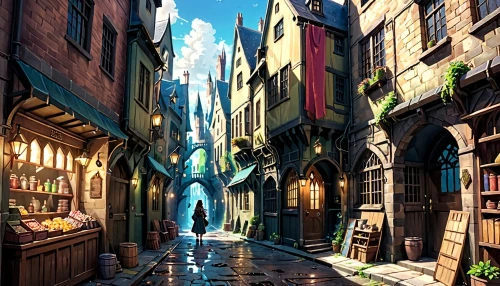 medieval street,fantasy city,3d fantasy,hogwarts,hamelin,medieval town,fantasy world,fantasy picture,medieval architecture,fantasy art,world digital painting,magical adventure,fantasy landscape,old town,cartoon video game background,knight village,narrow street,fairy tale,the cobbled streets,bremen