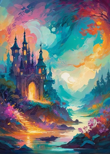 fantasy landscape,fairy tale castle,fairytale castle,fantasy world,water castle,disney castle,fairy world,fantasy city,fantasia,fantasy picture,3d fantasy,knight's castle,fantasy art,dream world,world digital painting,sleeping beauty castle,shanghai disney,castle,magical adventure,ghost castle,Conceptual Art,Fantasy,Fantasy 02