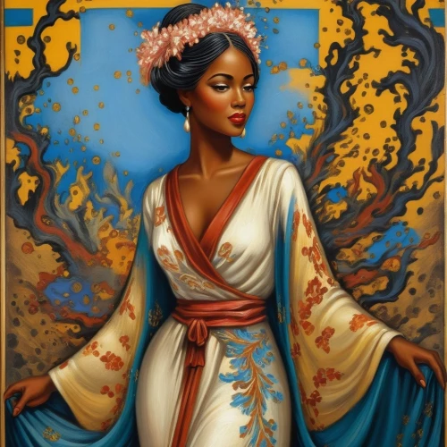 african american woman,geisha,geisha girl,african woman,beautiful african american women,art deco woman,oriental princess,moorish,flamenco,zoroastrian novruz,polynesian girl,afroamerican,afro-american,priestess,orientalism,black woman,jasmine,jasmine blossom,tiana,fantasy portrait,Illustration,Realistic Fantasy,Realistic Fantasy 21