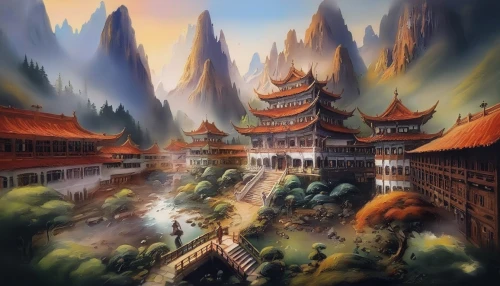 chinese temple,fantasy landscape,hall of supreme harmony,chinese architecture,forbidden palace,huashan,world digital painting,mountain settlement,zhangjiajie,mountain village,yunnan,ancient city,chinese art,wuyi,huangshan maofeng,tigers nest,chinese background,guizhou,dragon palace hotel,fantasy picture,Illustration,Paper based,Paper Based 04
