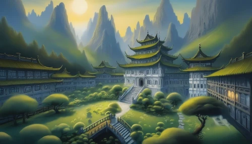 hall of supreme harmony,chinese architecture,fantasy landscape,chinese temple,forbidden palace,world digital painting,ancient city,chinese art,asian architecture,chinese background,guizhou,fantasy picture,china,zhangjiajie,nanjing,tigers nest,chinese clouds,fantasy city,mountain settlement,mountain village,Illustration,Abstract Fantasy,Abstract Fantasy 03