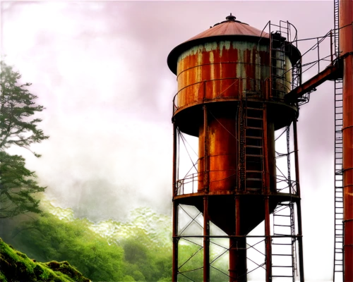 watertower,water tower,lookout tower,water tank,industrial landscape,fire tower,observation tower,industrial ruin,silo,cooling tower,steel tower,watchtower,tower fall,factory chimney,smokestack,storage tank,shot tower,oil tank,industrial,industrial plant,Illustration,Abstract Fantasy,Abstract Fantasy 21
