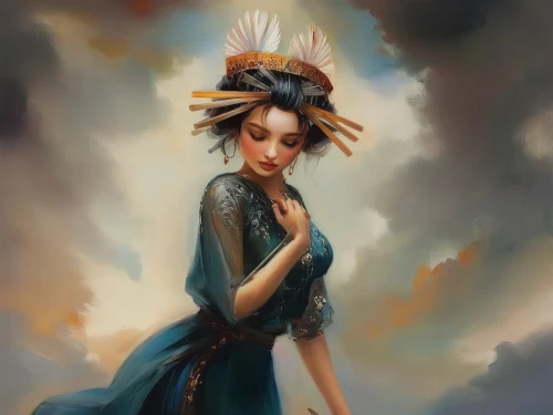 headdress,feather headdress,fantasy portrait,geisha girl,transistor,oriental princess,flamenco,geisha,the hat of the woman,world digital painting,victorian lady,digital painting,chinese art,indian headdress,fantasy art,hand digital painting,updo,mystical portrait of a girl,asian conical hat,oriental girl,Illustration,Paper based,Paper Based 04