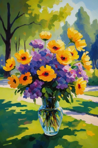 sunflowers in vase,flower painting,barberton daisies,bright flowers,carol colman,yellow chrysanthemums,splendor of flowers,flower marigolds,oil painting,oil painting on canvas,tagetes,australian daisies,summer flowers,yellow daisies,sun daisies,marigolds,pansies,flower art,autumn flowers,rudbeckia,Art,Artistic Painting,Artistic Painting 36