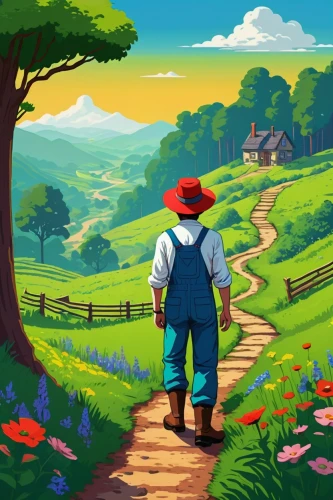 farmer in the woods,farmer,game illustration,farm background,agricultural,pilgrim,rural,cartoon video game background,heidi country,springtime background,farms,farm landscape,blooming field,world digital painting,countryside,wander,agriculture,landscape background,stroll,the country,Illustration,Paper based,Paper Based 21