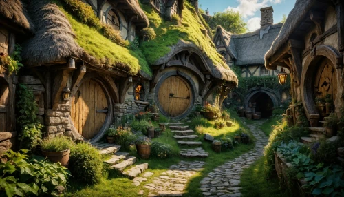 hobbiton,fairy village,hobbit,fantasy landscape,druid grove,fantasy picture,fantasy art,3d fantasy,knight village,medieval street,northrend,mountain settlement,labyrinth,medieval town,fairy door,aurora village,fantasy world,witch's house,elves flight,medieval architecture