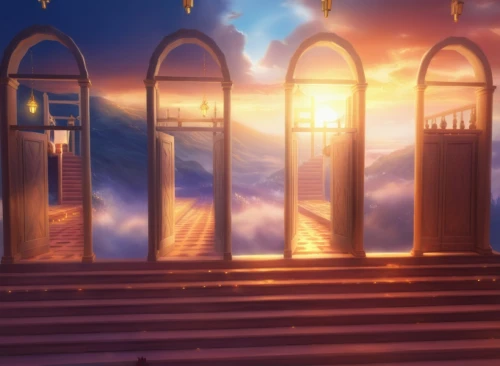 heavenly ladder,backgrounds,heaven gate,the threshold of the house,ramadan background,dusk background,sunburst background,threshold,art deco background,sanctuary,3d background,doors,cartoon video game background,eventide,the pillar of light,art background,stairway to heaven,evening atmosphere,theatrical scenery,background screen,Illustration,Realistic Fantasy,Realistic Fantasy 01