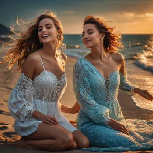 celtic woman,wedding dresses,beautiful photo girls,beach background,beautiful women,romantic portrait,two girls,by the sea,wedding photo,dresses,models,photoshop manipulation,women's clothing,women friends,mermaids,portrait photography,bridal clothing,mermaid vectors,wedding dress train,passion photography,Photography,General,Fantasy