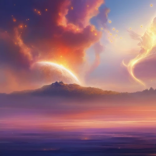 fantasy landscape,cloud mountain,cloud mountains,sea of clouds,cloudscape,mountain sunrise,rainbow clouds,sea of fog,landscape background,above the clouds,world digital painting,an island far away landscape,volcanic landscape,mountain and sea,cloud shape,cloud bank,unicorn background,clouds,the horizon,cloud,Illustration,Realistic Fantasy,Realistic Fantasy 01