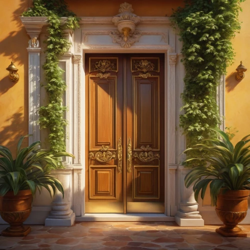 garden door,doorway,wooden door,door,front door,metallic door,doors,home door,the door,old door,open door,iron door,the threshold of the house,golden wreath,shutters,porch,sicily window,terracotta tiles,house entrance,neoclassic,Illustration,Realistic Fantasy,Realistic Fantasy 30