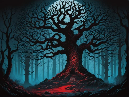 haunted forest,creepy tree,red tree,halloween background,halloween poster,halloween bare trees,forest dark,forest tree,devilwood,black forest,the branches of the tree,the roots of trees,painted tree,magic tree,halloween illustration,red juniper,dead wood,the branches,tree die,forest background,Illustration,Vector,Vector 11