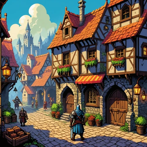 knight village,medieval street,medieval town,aurora village,tavern,escher village,oktoberfest background,old town,alpine village,houses silhouette,medieval architecture,fantasy city,hamelin,half-timbered houses,marketplace,medieval,the old town,the cobbled streets,old city,castle iron market,Unique,Pixel,Pixel 05