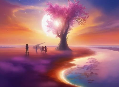 colorful tree of life,lone tree,tree of life,magic tree,watercolor tree,fantasy picture,blossom tree,isolated tree,flourishing tree,world digital painting,purple landscape,floating island,lilac tree,painted tree,parallel world,silk tree,fantasy landscape,dream world,wondertree,the japanese tree,Illustration,Realistic Fantasy,Realistic Fantasy 01