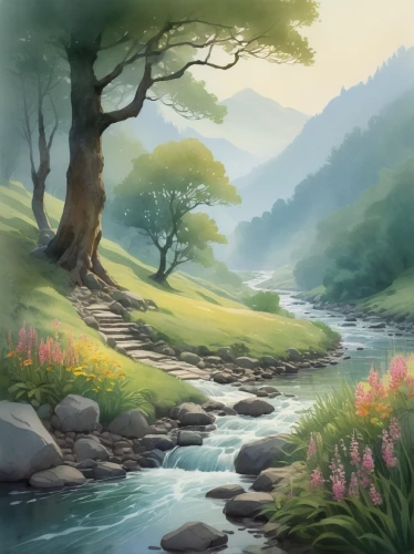 river landscape,landscape background,mountain stream,watercolor background,brook landscape,mountain spring,meadow in pastel,springtime background,flowing creek,nature landscape,mountain landscape,streams,fantasy landscape,mountain river,meadow landscape,natural landscape,spring background,salt meadow landscape,mountain scene,stream,Conceptual Art,Daily,Daily 08