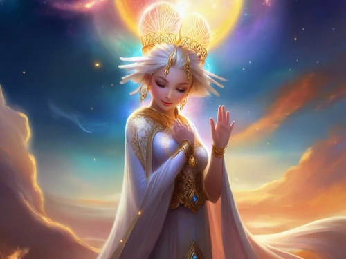 priestess,celestial,star mother,sorceress,light bearer,dove of peace,white rose snow queen,the snow queen,goddess of justice,zodiac sign libra,sacred lotus,sun god,tiber riven,fantasy portrait,kundalini,the prophet mary,fantasy art,radiance,astral traveler,fantasy picture,Illustration,Realistic Fantasy,Realistic Fantasy 01