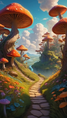 mushroom landscape,mushroom island,toadstools,mushrooms,fantasy landscape,fairy forest,fairy world,forest mushrooms,fairy village,wonderland,alice in wonderland,cartoon forest,club mushroom,umbrella mushrooms,forest mushroom,futuristic landscape,toadstool,3d fantasy,lingzhi mushroom,cartoon video game background,Art,Classical Oil Painting,Classical Oil Painting 03