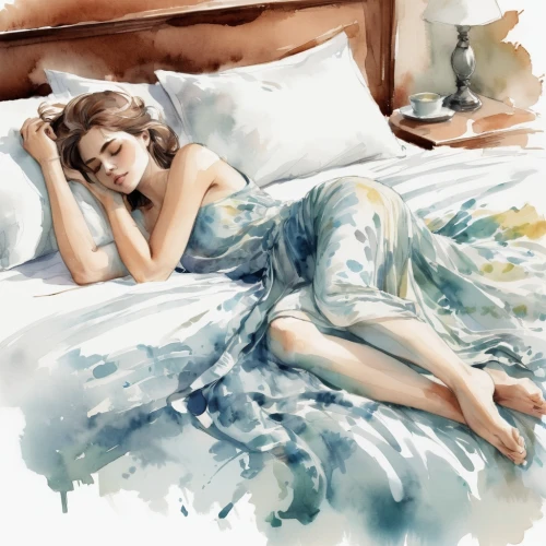 blue pillow,woman on bed,girl in bed,relaxed young girl,watercolor blue,watercolor,watercolor painting,fashion illustration,bedding,watercolor paint,watercolor pin up,sleeping,bed,nightgown,sleeping rose,bed sheet,sleeping beauty,sheets,watercolor pencils,woman laying down,Conceptual Art,Fantasy,Fantasy 02