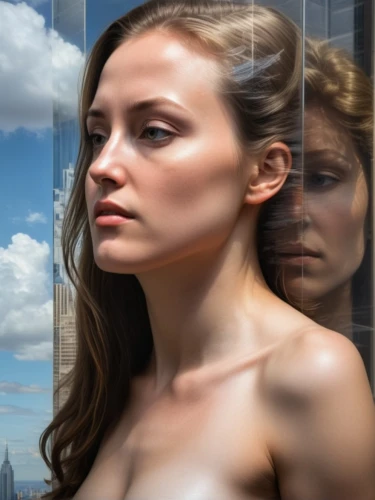 digital compositing,sci fiction illustration,image manipulation,woman thinking,photoshop manipulation,world digital painting,city ​​portrait,photo manipulation,female model,photomanipulation,man and woman,the girl's face,woman portrait,skyscrapers,parallel worlds,head woman,woman face,self hypnosis,woman's face,young woman,Art,Classical Oil Painting,Classical Oil Painting 33