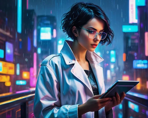 cyberpunk,sci fiction illustration,girl at the computer,woman holding a smartphone,world digital painting,women in technology,girl studying,game illustration,computer addiction,night administrator,cg artwork,transistor,neon human resources,digital art,digital painting,blur office background,modern,librarian,dystopian,city ​​portrait,Illustration,Paper based,Paper Based 04