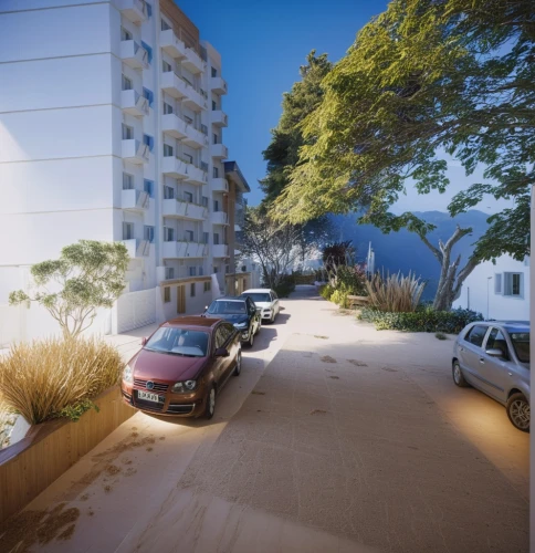 3d rendering,residential area,render,development concept,3d rendered,apartment block,dunes house,apartment complex,3d render,parking lot under construction,new housing development,apartment blocks,palma trees,b3d,apartment-blocks,apartments,townhouses,street canyon,seaside resort,eco-construction,Photography,General,Realistic