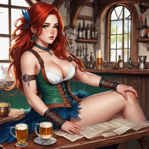 barmaid,bartender,pub,tavern,barista,apothecary,poker primrose,fantasy art,red breast,irish pub,draft beer,merida,fantasy picture,fantasy woman,redheads,celtic queen,fantasy girl,red-haired,fairy tale character,redhead doll