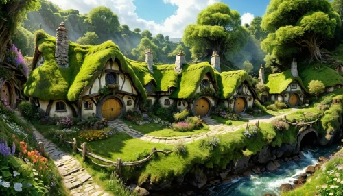 fairy village,knight village,hobbiton,aurora village,fantasy landscape,druid grove,fairy world,escher village,fantasy picture,home landscape,cartoon video game background,fairy house,witch's house,fairy tale castle,houses clipart,alpine village,fantasy art,fantasy world,house in the forest,world digital painting