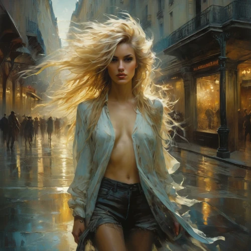 blonde woman,the blonde in the river,blond girl,girl walking away,woman walking,blonde girl,walking in the rain,fantasy art,oil painting,flasher,young woman,girl in cloth,golden rain,oil painting on canvas,world digital painting,mystical portrait of a girl,romantic portrait,fineart,girl on the river,little girl in wind,Photography,General,Fantasy
