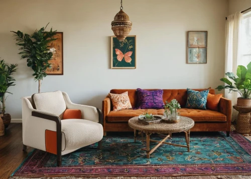 moroccan pattern,persian norooz,mid century modern,sitting room,apartment lounge,living room,interior decor,the living room of a photographer,boho art,mid century sofa,livingroom,contemporary decor,chaise lounge,decor,modern decor,boho,loveseat,home interior,shared apartment,family room