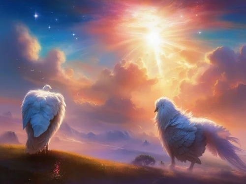 unicorn background,white storks,storks,doves of peace,two sheep,unicorn art,llamas,pillars of creation,pegasus,bald eagles,fantasy picture,zodiacal signs,great pyrenees,flock of sheep,the sheep,mountain cows,celestial bodies,shepherds,sheeps,dove of peace,Illustration,Realistic Fantasy,Realistic Fantasy 01