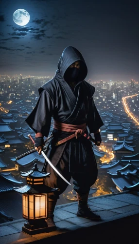 assassin,night watch,hooded man,scythe,assassins,sci fiction illustration,samurai,samurai fighter,shinobi,grim reaper,quarterstaff,cartoon ninja,dance of death,swordsman,kendo,swordsmen,night scene,ninjutsu,world digital painting,fantasy picture,Illustration,Black and White,Black and White 28