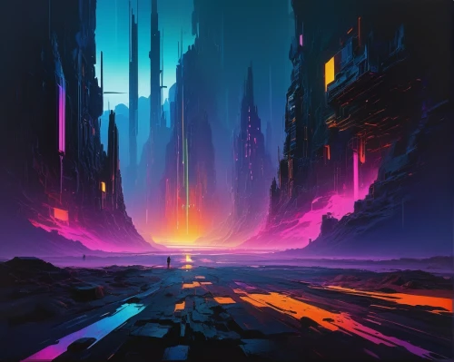 futuristic landscape,vast,barren,cyberpunk,neon arrows,panoramical,dusk,fantasy landscape,cityscape,alien world,scifi,vapor,virtual landscape,metropolis,colorful city,sci-fi,sci - fi,futuristic,anomaly,alien planet,Illustration,Abstract Fantasy,Abstract Fantasy 20