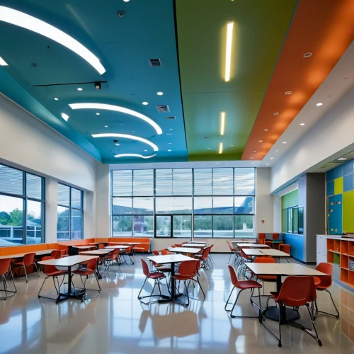 school design,children's interior,daylighting,cafeteria,lecture room,ceiling construction,canteen,lecture hall,ceiling ventilation,conference room,class room,contemporary decor,ceiling fixture,classroom,food court,search interior solutions,concrete ceiling,study room,ceiling lighting,modern decor,Photography,General,Realistic