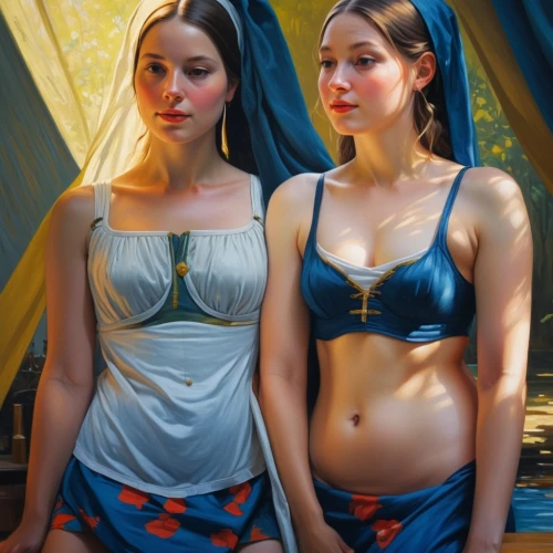 nuns,mirror image,two girls,mannequins,angels,gemini,mirror reflection,sisters,doll looking in mirror,yellow and blue,women's clothing,mirrored,majorelle blue,mirrors,two piece swimwear,elves,sirens,bodypaint,butterfly dolls,latex clothing,Art,Classical Oil Painting,Classical Oil Painting 07