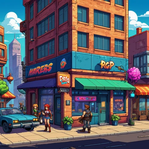 retro diner,donut illustration,convenience store,colorful city,neon coffee,retro styled,ice cream shop,city corner,shops,pizzeria,shopping street,pastry shop,fast food restaurant,restaurants,business district,store front,bakery,deli,store fronts,coffee shop,Unique,Pixel,Pixel 05