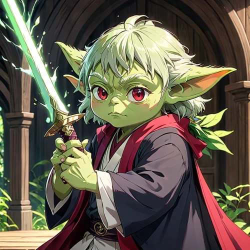 yoda,goblin,wiz,leek,jedi,matcha,anahata,sencha,green dragon,mandraki,male elf,blade of grass,green aurora,myrciaria,sylva striker,saji,male character,fenek,scallion,magus,Anime,Anime,Traditional