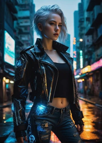 cyberpunk,futuristic,leather jacket,bolero jacket,jacket,renegade,femme fatale,bangkok,hk,leather,cyborg,hong kong,80s,neon lights,terminator,shanghai,birds of prey-night,black leather,dystopian,neon light,Art,Artistic Painting,Artistic Painting 09