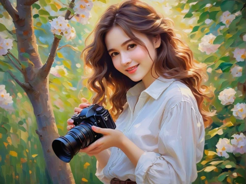 beautiful girl with flowers,a girl with a camera,romantic portrait,girl in flowers,phuquy,photo painting,flower painting,flower background,camera illustration,girl picking flowers,girl portrait,photographer,girl in the garden,nikon,portrait background,mamiya,oil painting,vietnamese woman,holding flowers,yuri,Art,Artistic Painting,Artistic Painting 32