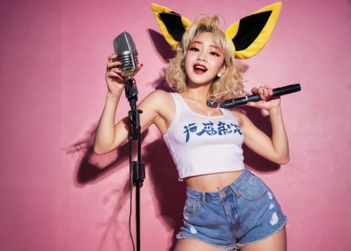 uji,seo,mic,pikachu,minnie mouse,mina bird,minnie,puma,singing,abra,korean fan dance,fennec,vocal,rv,nylon,wu,ukulele,momo,yeonsan hong,yellow background,Conceptual Art,Fantasy,Fantasy 27