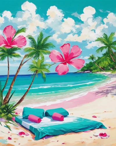 beach landscape,tropical beach,dream beach,pink beach,tropical floral background,umbrella beach,beach scenery,paradise beach,beach background,tropical sea,beautiful beach,caribbean beach,summer beach umbrellas,beach towel,tropical island,delight island,blue hawaii,tropical bloom,frangipani,tropical house,Art,Artistic Painting,Artistic Painting 42