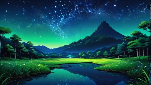 landscape background,fantasy landscape,green aurora,frog background,cartoon video game background,green wallpaper,fantasy picture,green landscape,fairy world,aaa,children's background,forest background,background view nature,green forest,starry sky,green,patrol,background images,background colorful,art background,Illustration,Japanese style,Japanese Style 05