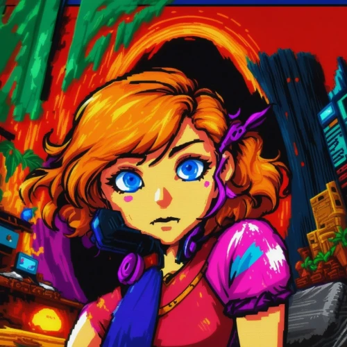 clementine,nora,coloring,monkey island,game art,worried girl,fae,monsoon banner,saturated colors,colorful doodle,color is changable in ps,retro girl,gamecube,meteora,retro background,game drawing,pixel art,transistor checking,transistor,game illustration,Unique,Pixel,Pixel 04
