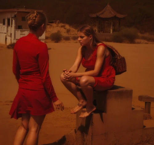 man in red dress,girl in red dress,red summer,red skirt,people on beach,red sand,two girls,vintage girls,in red dress,red tunic,red shoes,digital compositing,peruvian women,red bag,red bench,shades of red,red tablecloth,red coat,girl on the dune,lifeguard tower,Photography,Artistic Photography,Artistic Photography 14